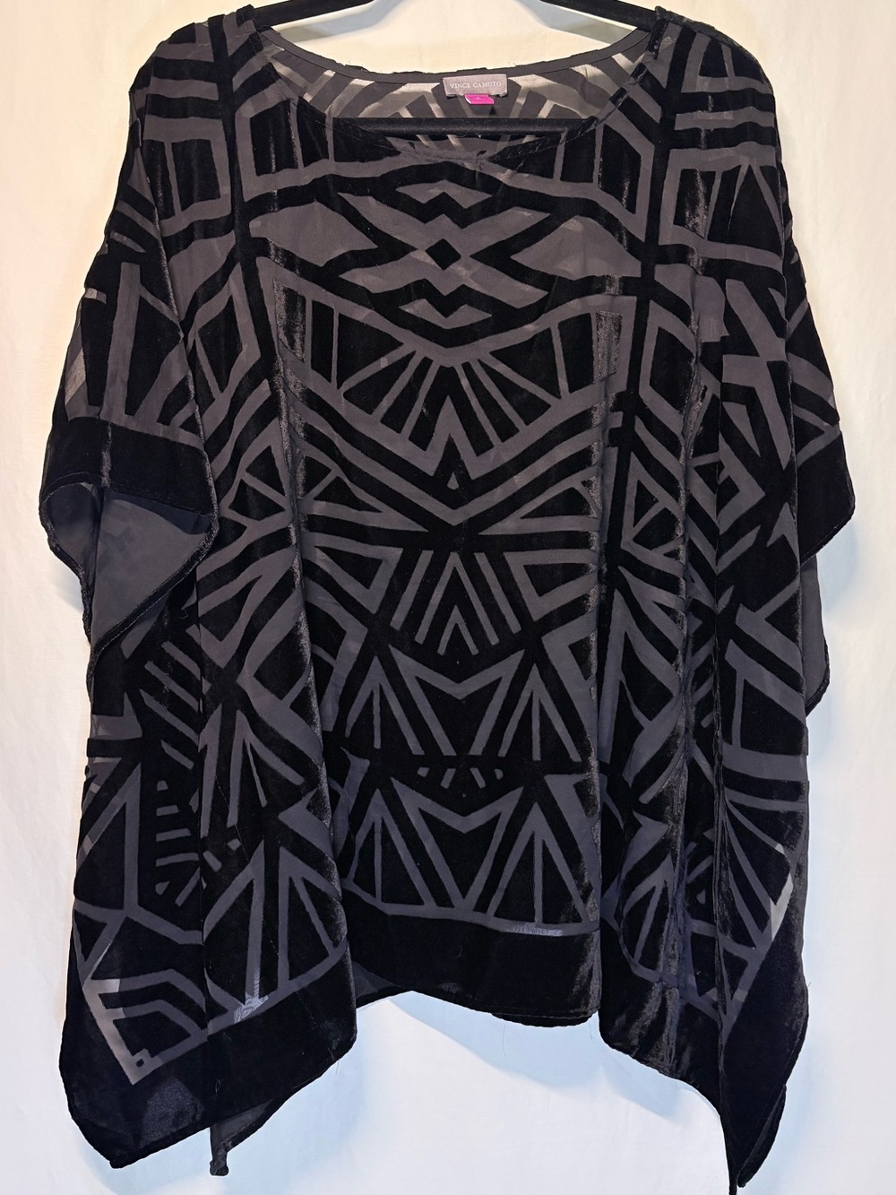 Vince Camuto Black Burnout Velvet Geometric Poncho Blouse Sheer Top Size Small